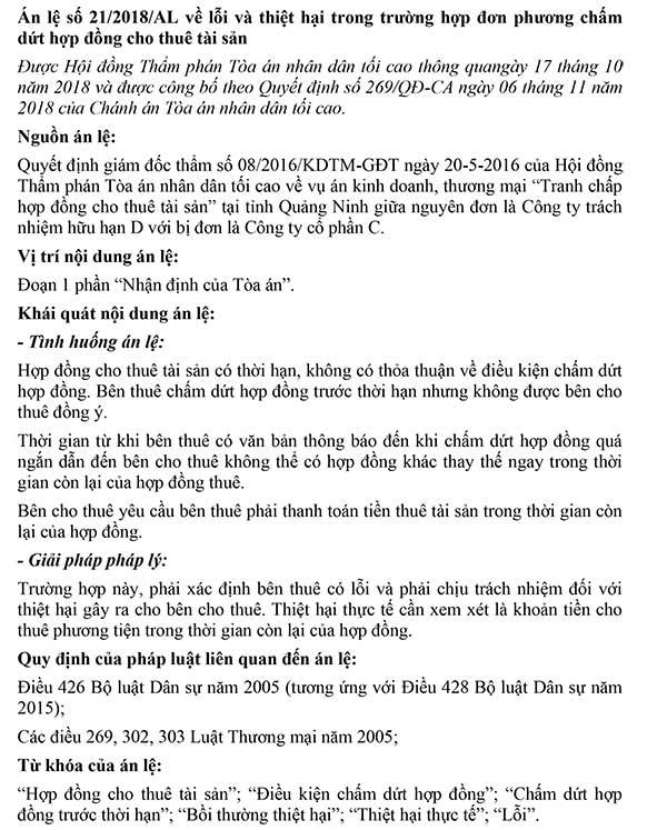 Án lệ số 21/2018/AL về lỗi và thiệt hại trong trường hợp đơn phương chấm dứt hợp đồng cho thuê tài sản