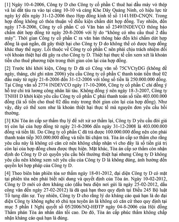 Án lệ số 21/2018/AL về lỗi và thiệt hại trong trường hợp đơn phương chấm dứt hợp đồng cho thuê tài sản