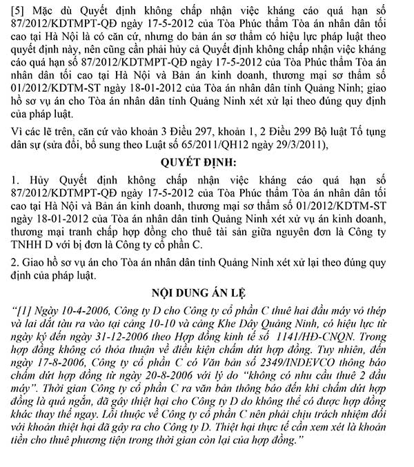 Án lệ số 21/2018/AL về lỗi và thiệt hại trong trường hợp đơn phương chấm dứt hợp đồng cho thuê tài sản