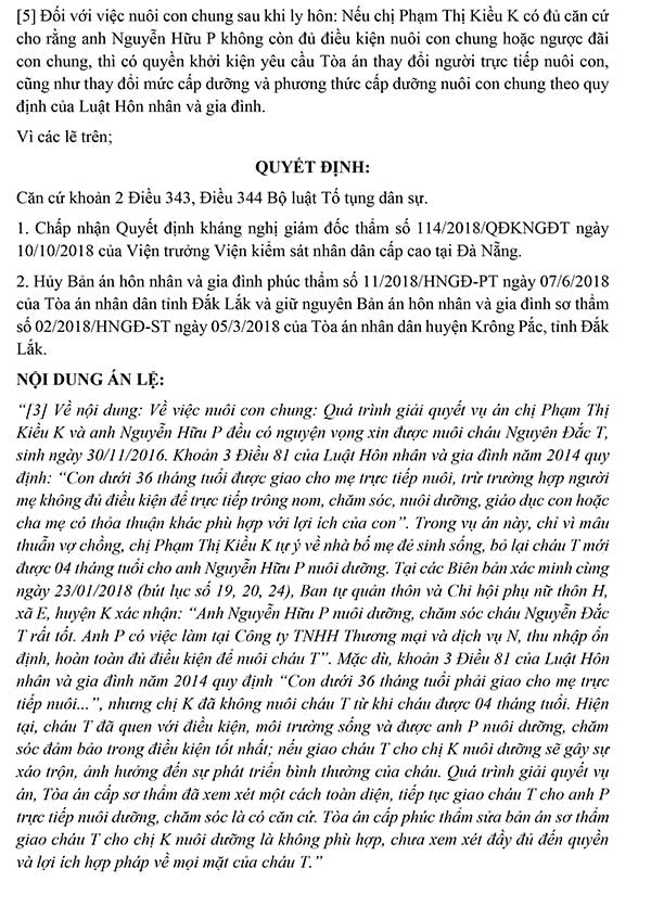 Án lệ số 54/2022/AL về xác định quyền nuôi con dưới 36 tháng tuổi trong trường hợp người mẹ không trực tiếp chăm sóc, nuôi dưỡng, giáo dục con