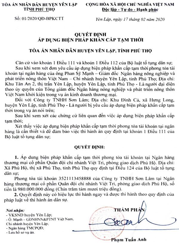 Áp dụng biện pháp khẩn cấp tạm thời “phong tỏa tài khoản tại ngân hàng”