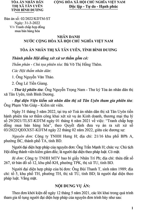 Bản án 02/2022/KDTM-ST ngày 31/03/2022 về tranh chấp hợp đồng mua bán hàng hóa