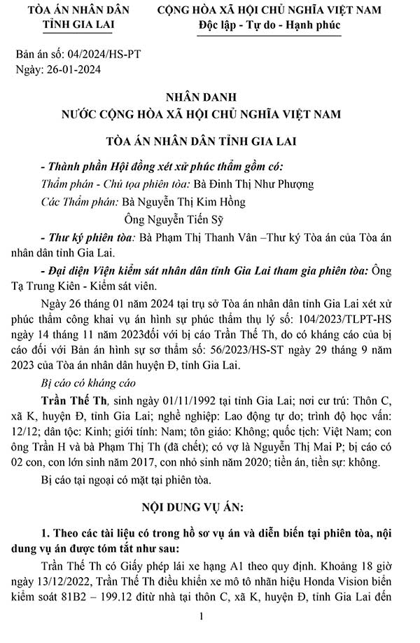Bản án 04/2024/HS-PT ngày 26/01/2024 về tội vi phạm quy định tham gia giao thông đường bộ