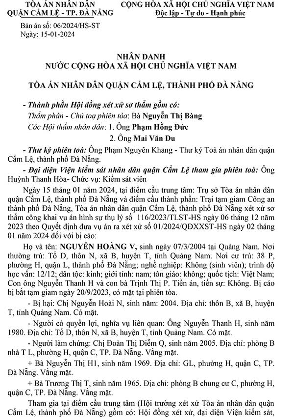 Bản án số 06/2024/HS-ST ngày 15/01/2024 của TAND Q. Cẩm Lệ, TP. Đà Nẵng về tội đe dọa giết người