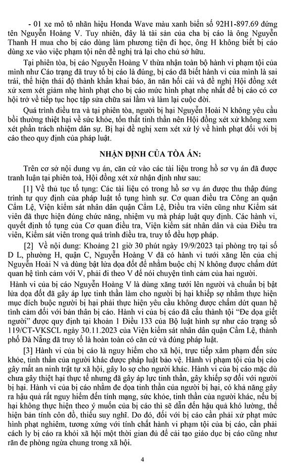 Bản án số 06/2024/HS-ST ngày 15/01/2024 của TAND Q. Cẩm Lệ, TP. Đà Nẵng về tội đe dọa giết người