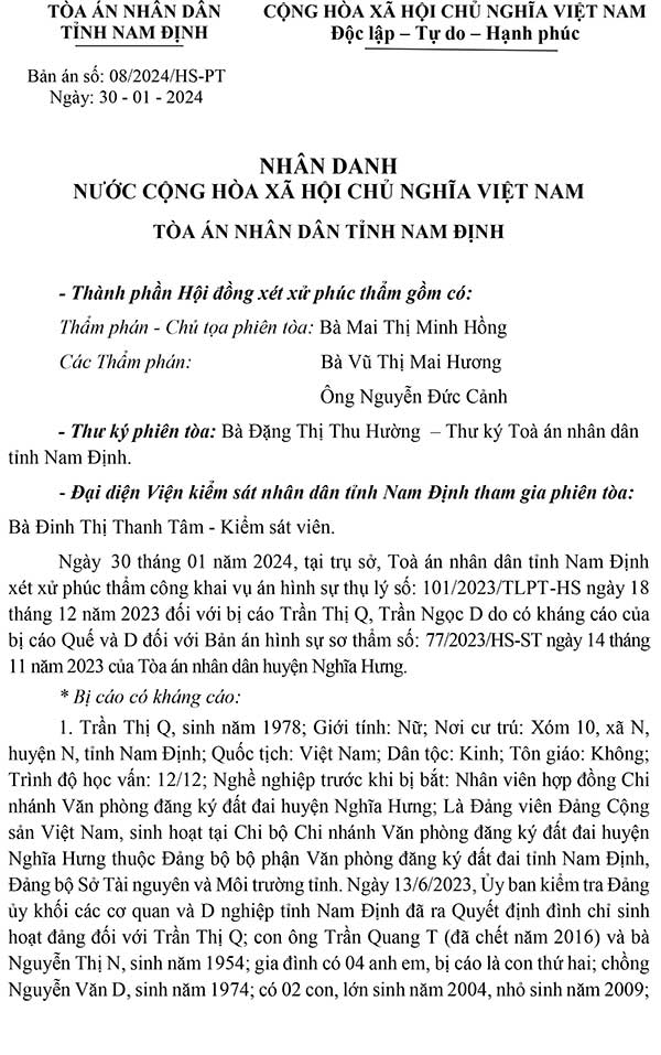 Bản án 08/2024/HS-PT ngày 30/01/2024 về tội nhận hối lộ