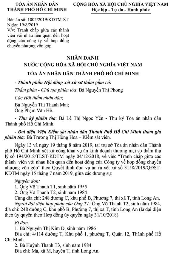 Bản án 1002/2019/KDTM-ST ngày 19/08/2019 về tranh chấp giữa các thành viên trong công ty