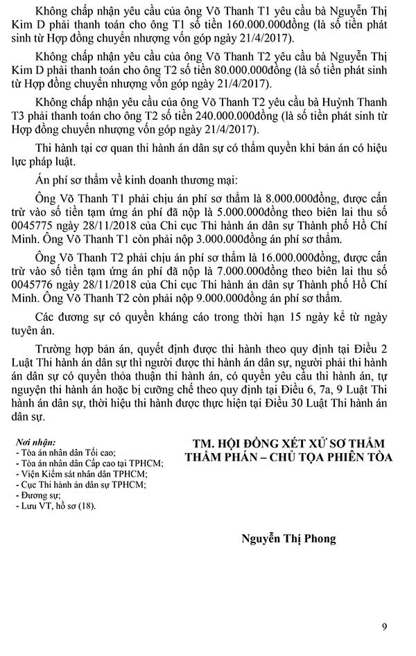 Bản án 1002/2019/KDTM-ST ngày 19/08/2019 về tranh chấp giữa các thành viên trong công ty