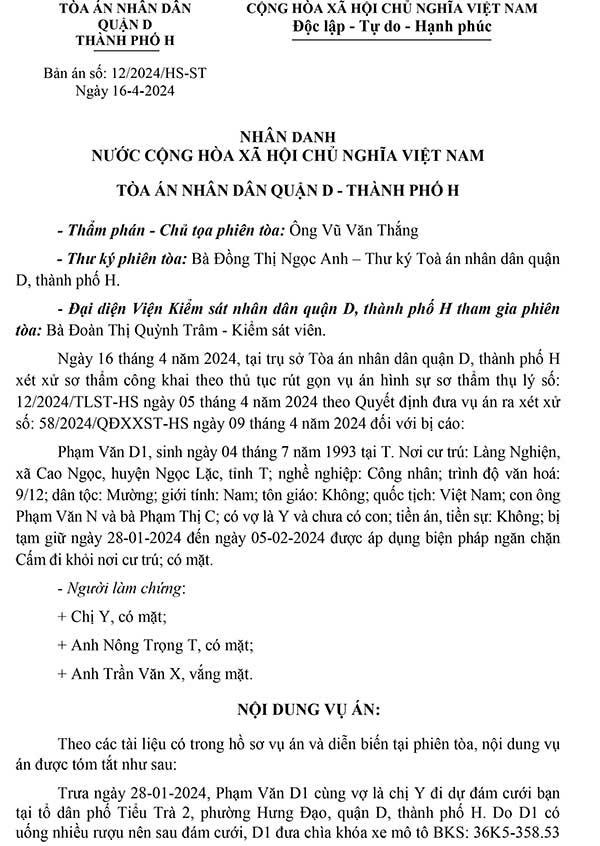 Bản án 12/2024/HS-ST ngày 16/04/2024 về tội gây rối trật tự công cộng