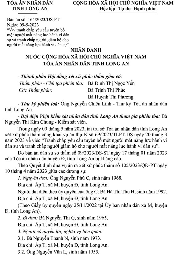 Bản án 164/2023/DS-PT ngày 09/05/2023 về yêu cầu tuyên bố một người mất năng lực hành vi dân sự và tranh chấp người giám hộ cho người mất năng lực hành vi dân sự