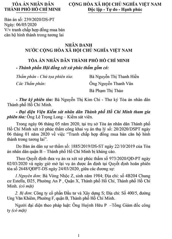 Bản án số 239/2020/DS-PT về tranh chấp hợp đồng mua bán căn hộ hình thành trong tương lai