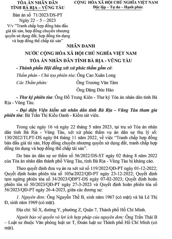 Bản án 71/2023/DS-PT ngày 22/05/2023 về tranh chấp hợp đồng bán đấu giá tài sản, hợp đồng chuyển nhượng quyền sử dụng đất, hợp đồng tín dụng và hợp đồng thế chấp tài sản