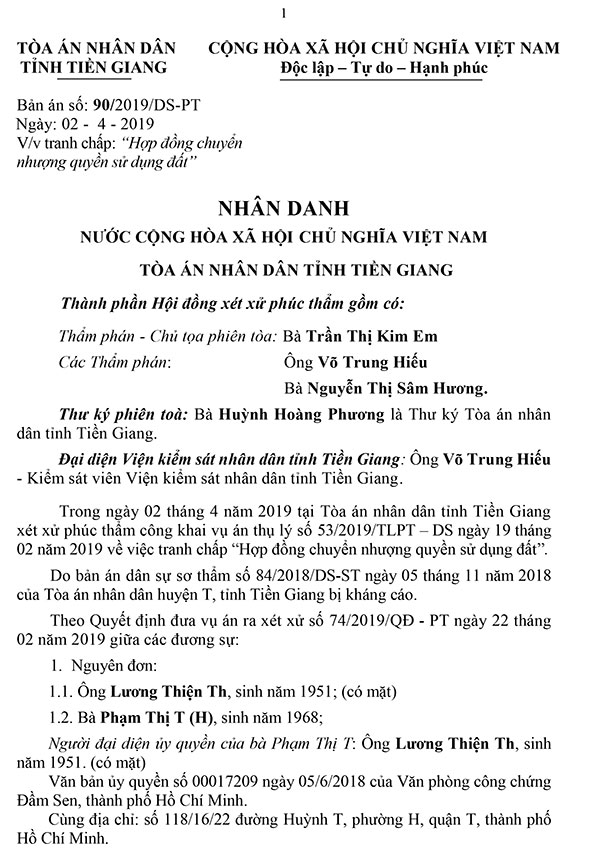 Bản án số 90/2019/DS-PT ngày 02/04/2019 về tranh chấp hợp đồng chuyển nhượng quyền sử dụng đất