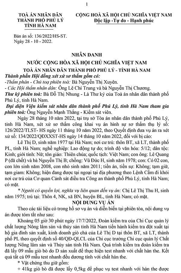 Bản án 136/2022/HS-ST ngày 28/10/2022 về tội vi phạm quy định an toàn thực phẩm