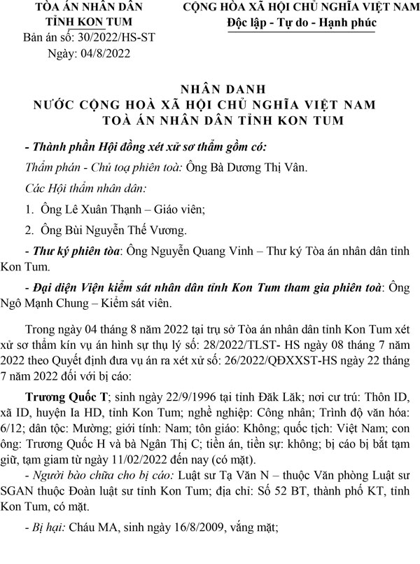 Bản án số 30/2022/HS-ST về tội hiếp dâm người dưới 16 tuổi