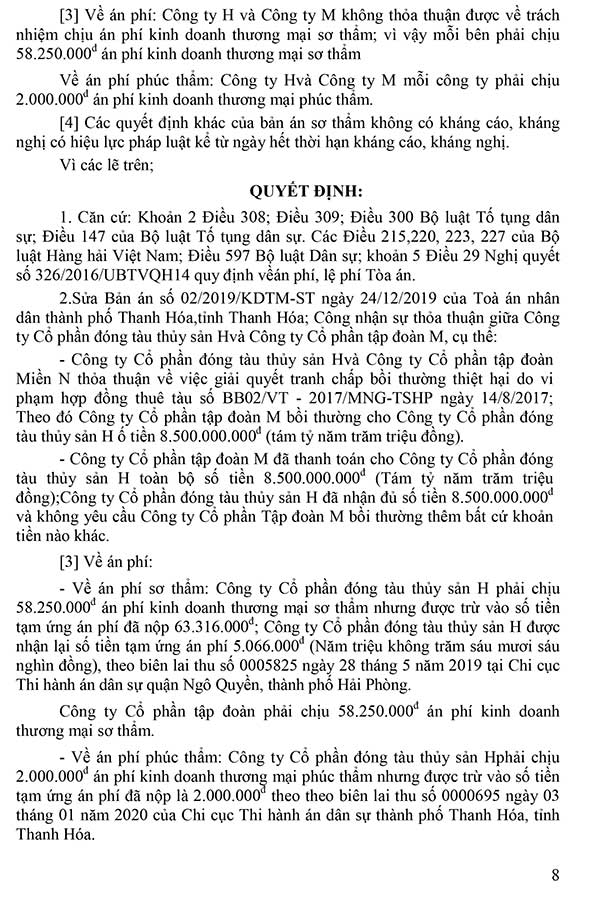 Bản án số 09/2020/KDTM-PT ngày 04/06/2020 về tranh chấp bồi thường thiệt hại do vi phạm hợp đồng thuê tàu