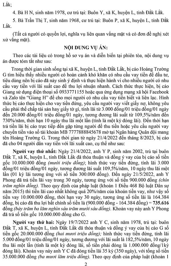 Bản án về tội cho vay lãi nặng trong giao dịch dân sự (lãi suất 109,5%/năm) số 10/2024/HS-ST