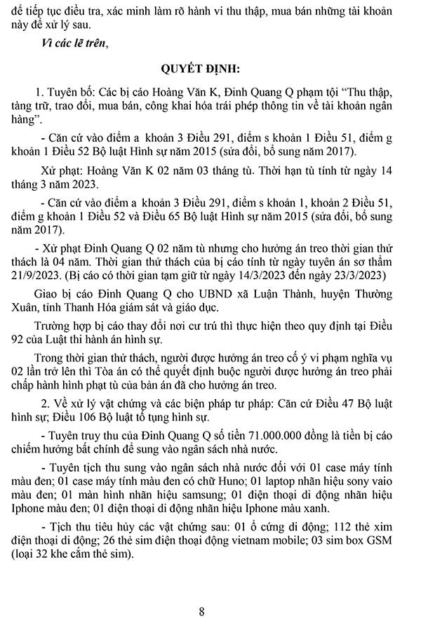 Bản án số 102/2023/HS-ST ngày 20/9/2023 Về tội thu thập, tàng trữ, trao đổi, mua bán, công khai hóa trái phép thông tin tài khoản ngân hàng