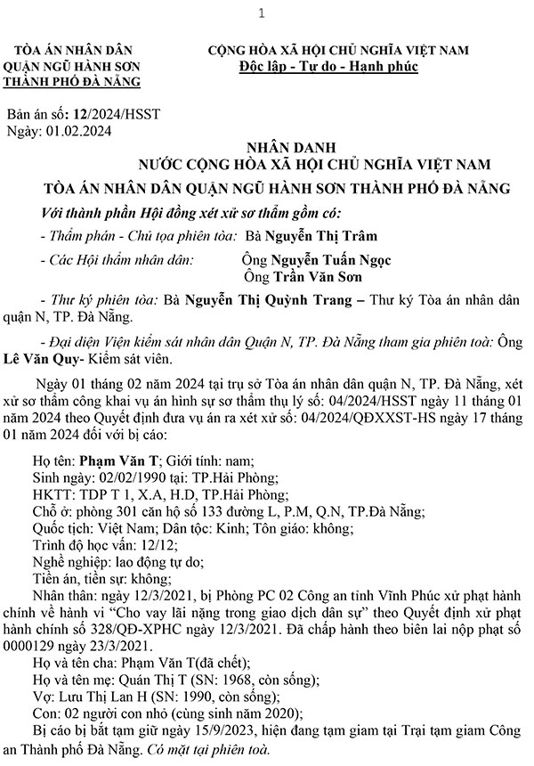 Bản án về tội cho vay lãi nặng trong giao dịch dân sự số 12/2024/HS-ST