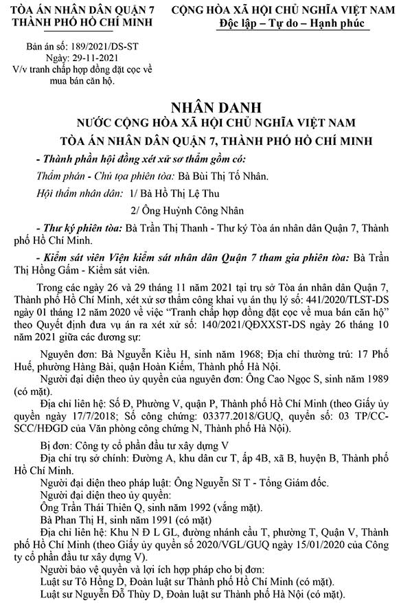 Bản án số 189/2021/DS-ST ngày 29/11/2021 về tranh chấp hợp đồng đặt cọc mua bán căn hộ