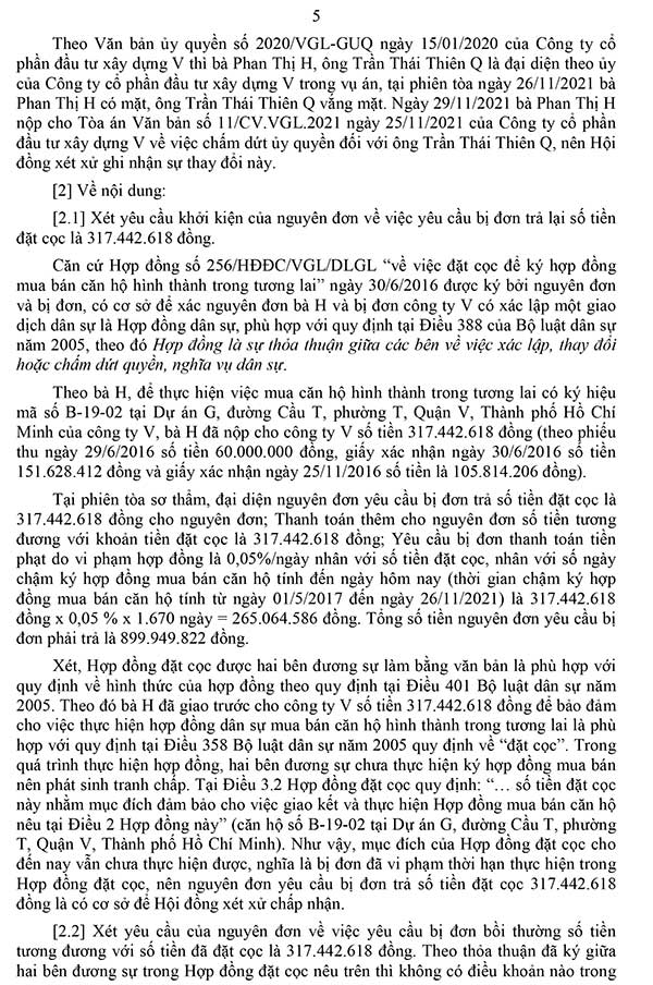 Bản án số 189/2021/DS-ST ngày 29/11/2021 về tranh chấp hợp đồng đặt cọc mua bán căn hộ