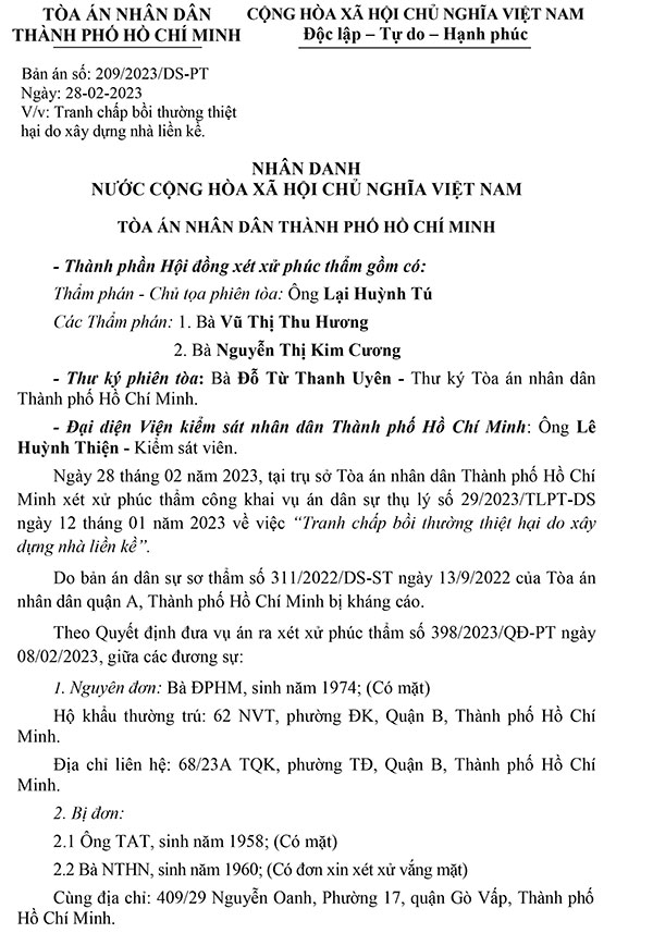 Bản án số 209/2023/ DS-PT Về tranh chấp bồi thường thiệt hại do xây nhà liền kề