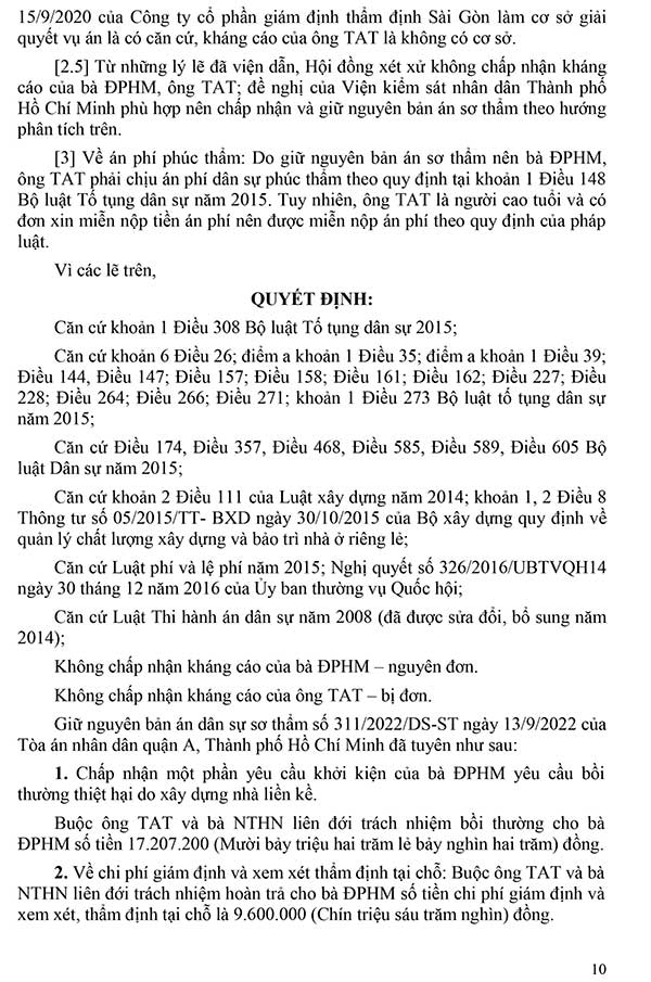 Bản án số 209/2023/ DS-PT Về tranh chấp bồi thường thiệt hại do xây nhà liền kề