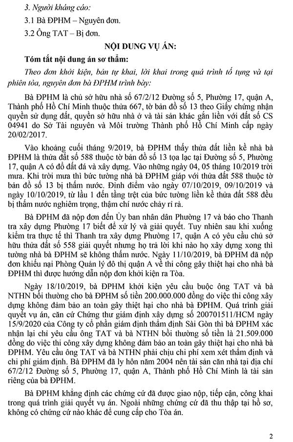 Bản án số 209/2023/ DS-PT Về tranh chấp bồi thường thiệt hại do xây nhà liền kề