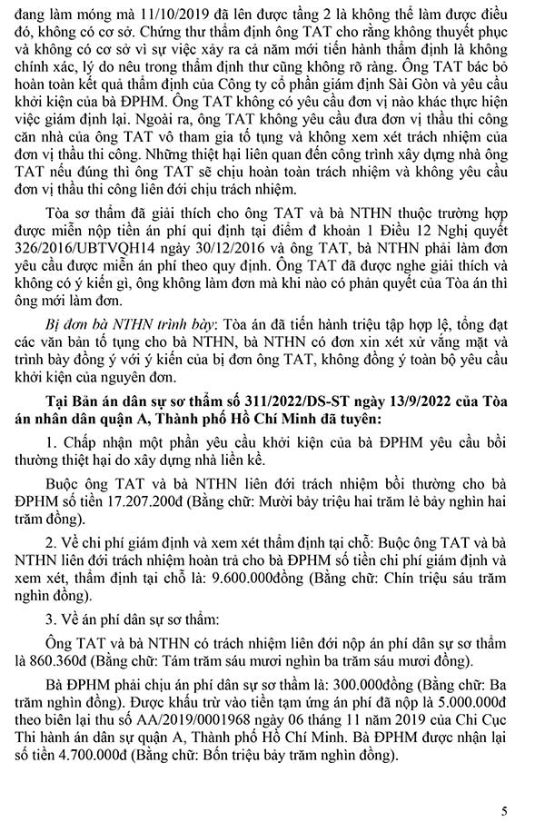 Bản án số 209/2023/ DS-PT Về tranh chấp bồi thường thiệt hại do xây nhà liền kề