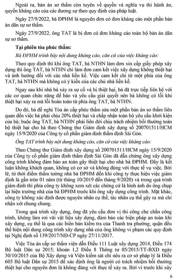 Bản án số 209/2023/ DS-PT Về tranh chấp bồi thường thiệt hại do xây nhà liền kề