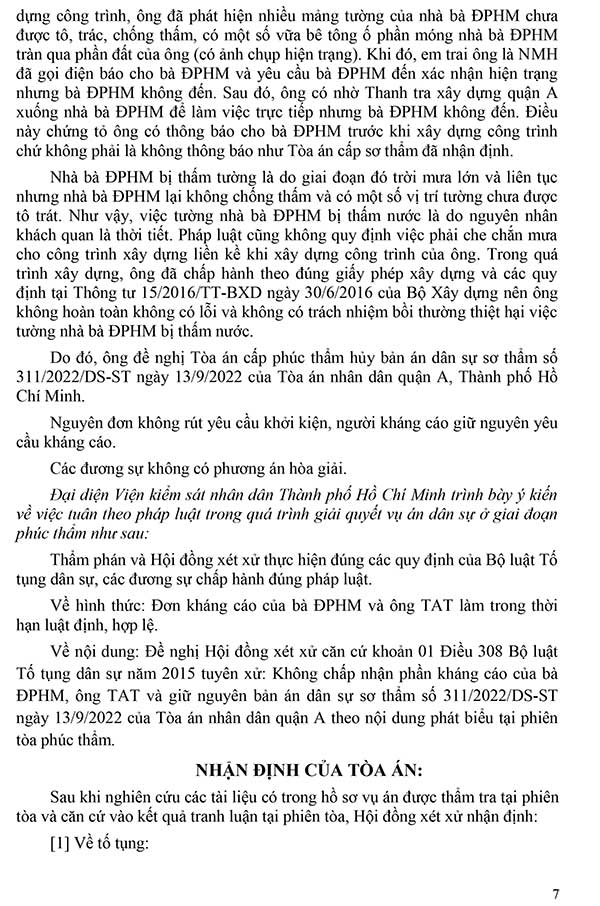 Bản án số 209/2023/ DS-PT Về tranh chấp bồi thường thiệt hại do xây nhà liền kề