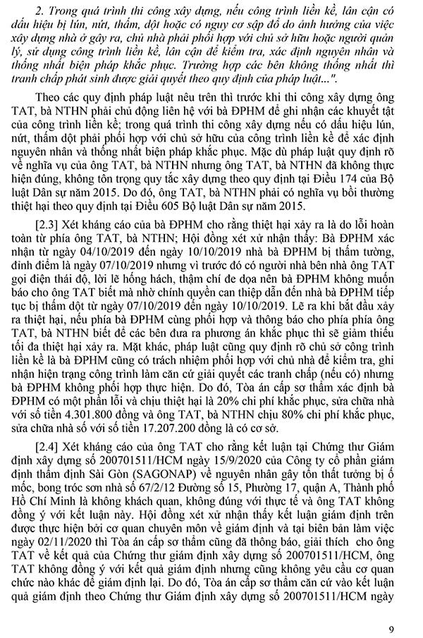 Bản án số 209/2023/ DS-PT Về tranh chấp bồi thường thiệt hại do xây nhà liền kề