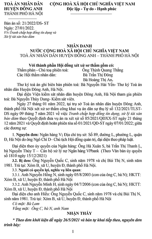 Bản án số 21/2022/DS-ST Về tranh chấp hợp đồng tín dụng và xử lý tài sản bảo đảm 