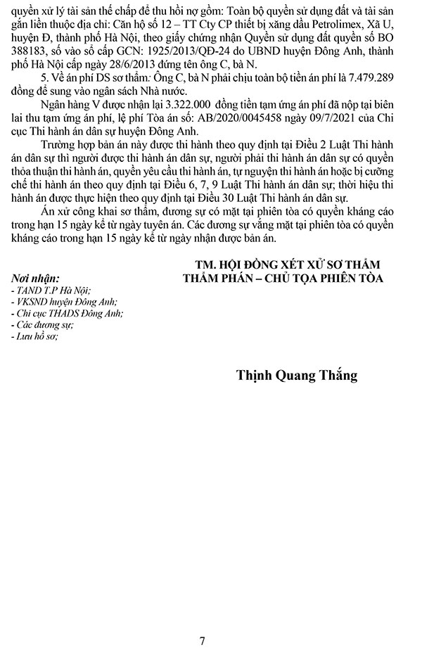 Bản án số 21/2022/DS-ST Về tranh chấp hợp đồng tín dụng và xử lý tài sản bảo đảm 