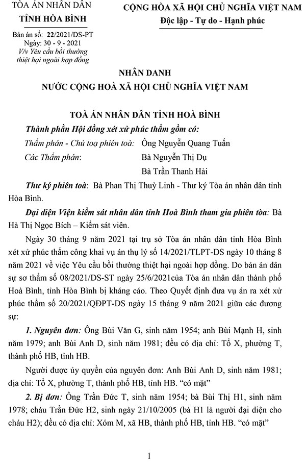Bản án số 22/2021/DS-PT ngày 30/9/2021 yêu cầu bồi thường thiệt hại ngoài hợp đồng