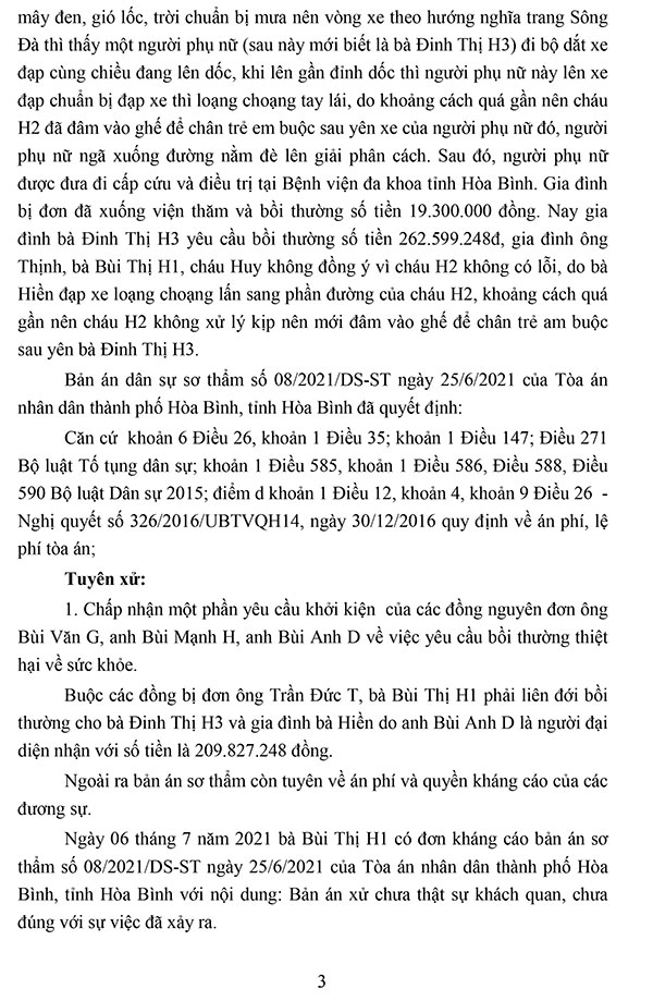 Bản án số 22/2021/DS-PT ngày 30/9/2021 yêu cầu bồi thường thiệt hại ngoài hợp đồng