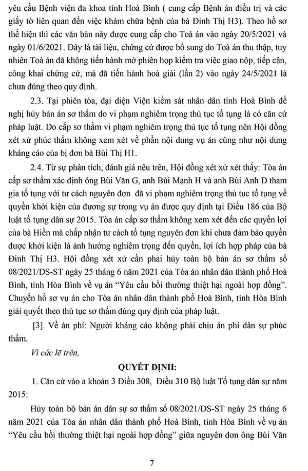 Bản án số 22/2021/DS-PT ngày 30/9/2021 yêu cầu bồi thường thiệt hại ngoài hợp đồng
