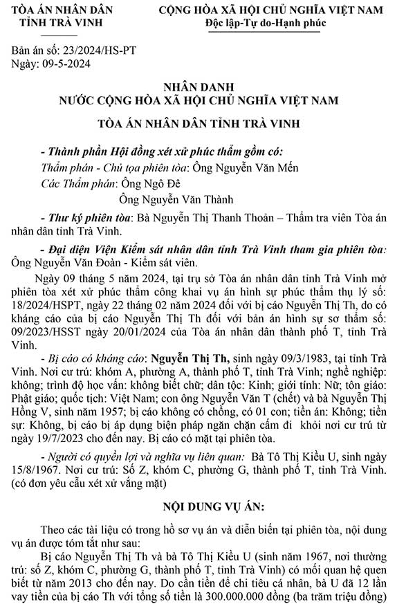 Bản án số 23/2024/HS-PT ngày 09/05/2024 về tội cho vay lãi nặng trong giao dịch dân sự