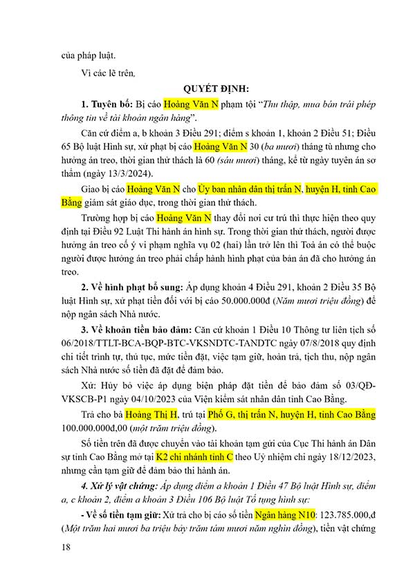 Bản án số 24/2024/HS-ST ngày 13/3/2024 về tội thu thập, tàng trữ, trao đổi, mua bán, công khai hóa trái phép thông tin tài khoản ngân hàng