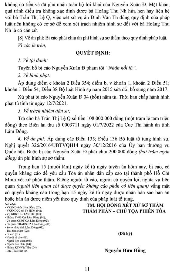 Bản án số 28/2022/HS-ST ngày 11/11/2022 về tội nhận hối lộ