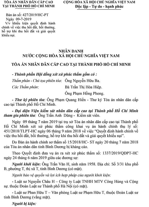 Bản án số 427/2019/HC-PT ngày 09/07/2019 về khiếu kiện quyết định hành chính về việc thu hồi đất, bồi thường, hỗ trợ khi thu hồi đất và giải quyết khiếu nại