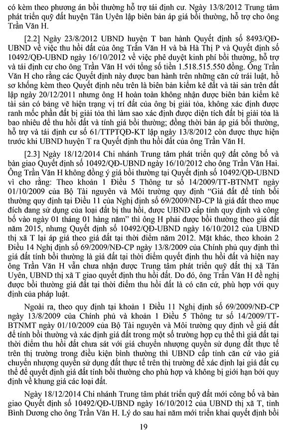 Bản án số 427/2019/HC-PT ngày 09/07/2019 về khiếu kiện quyết định hành chính về việc thu hồi đất, bồi thường, hỗ trợ khi thu hồi đất và giải quyết khiếu nại