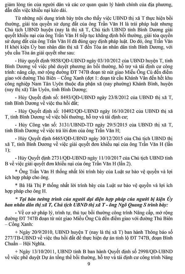 Bản án số 427/2019/HC-PT ngày 09/07/2019 về khiếu kiện quyết định hành chính về việc thu hồi đất, bồi thường, hỗ trợ khi thu hồi đất và giải quyết khiếu nại