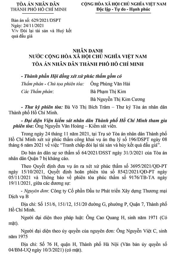 Bản án số 629/2021/DS-PT về đòi lại tài sản và huỷ kết quả đấu giá 