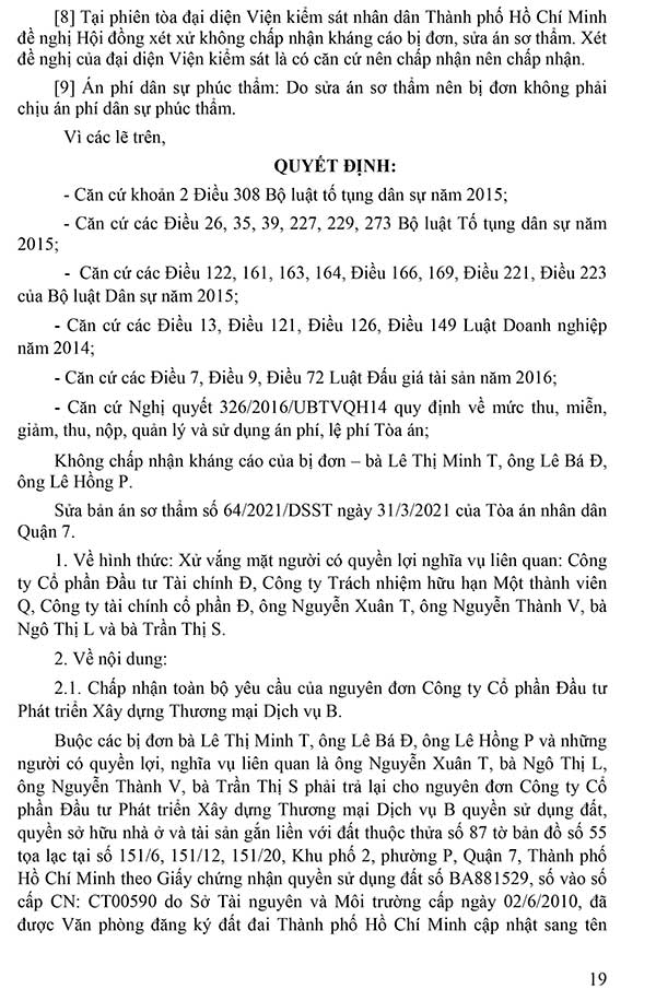 Bản án số 629/2021/DS-PT về đòi lại tài sản và huỷ kết quả đấu giá 