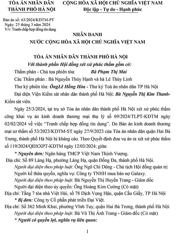 Bản án số 63/2024/KDTM-PT ngày 25/3/2024 về tranh chấp hợp đồng tín dụng