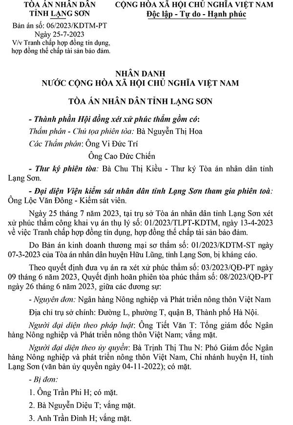 Bản án số 06/2023/KDTM-PT về tranh chấp hợp đồng tín dụng, hợp đồng thế chấp tài sản bảo đảm