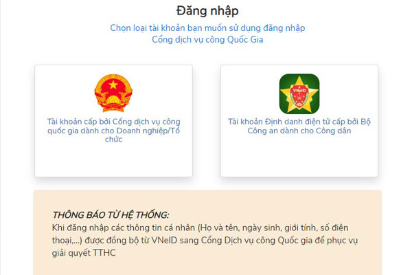 Bước 2: Đăng nhập bằng tài khoản cấp bởi Cổng dịch vụ công quốc