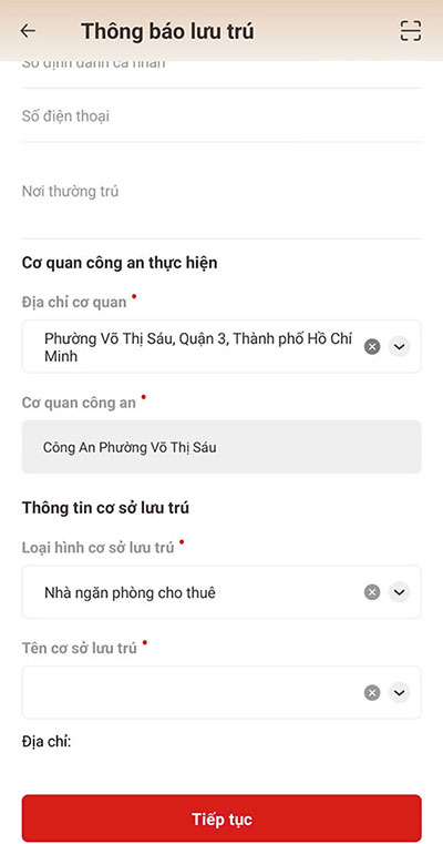 Bước 7: Chọn cơ quan thực hiện và thông tin cơ sở lưu trú