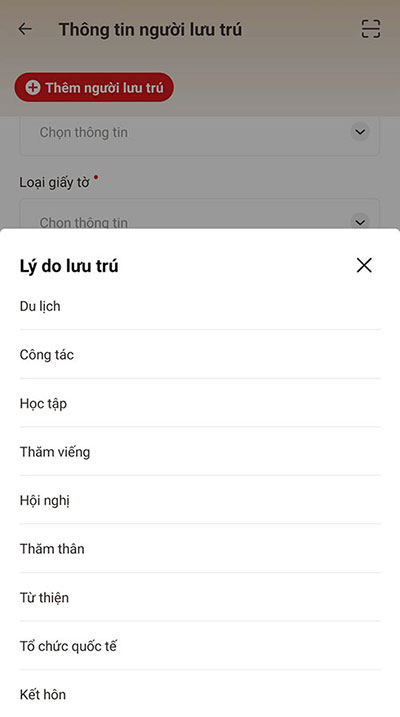 Bước 8: Chọn lý do lưu trú